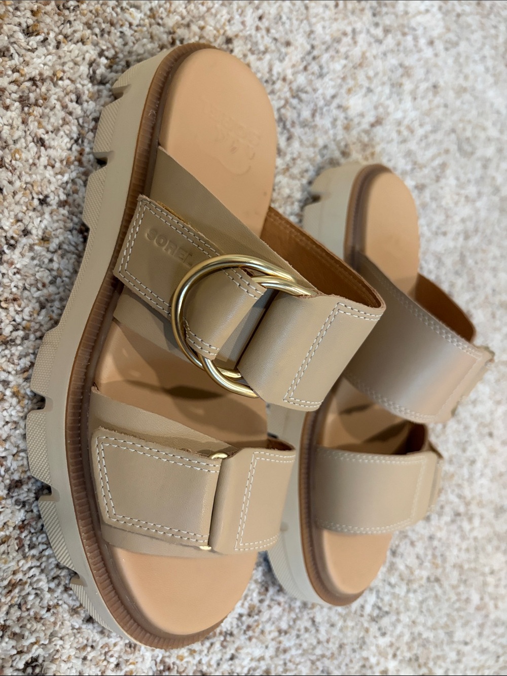 Sorel Tan Double-Buckle Slide Sandals with Gold Ring